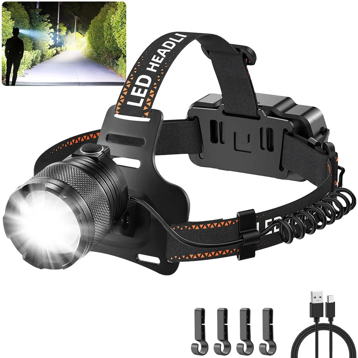Compact silver aluminium headlamp with adjustable focus lens and tilt hinge, Type-C port visible, four helmet clips included