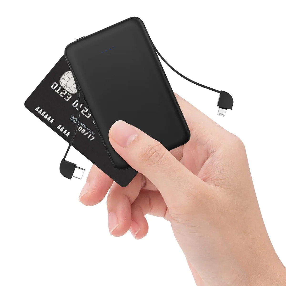 Black ultra-slim power bank with built-in cables, credit-card sized, 5000mAh