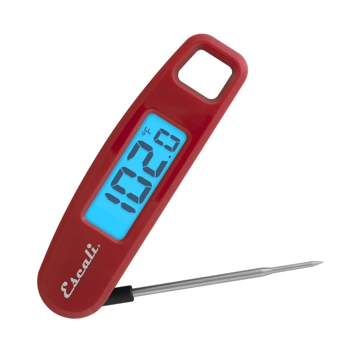 Red folding digital thermometer with stainless steel probe and backlit display
