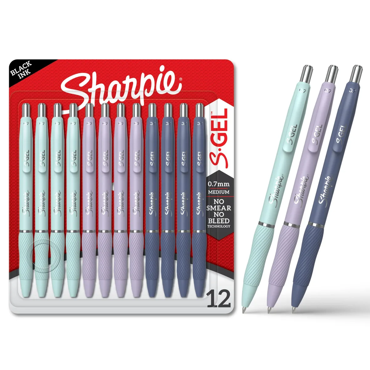 Box of twelve Sharpie S-Gel pens with assorted colour barrels and rubber grips