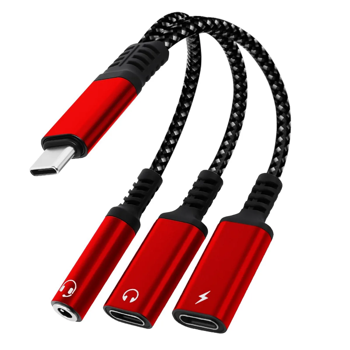 Red USB-C adapter with 3.5mm jack USB-C audio and charging ports