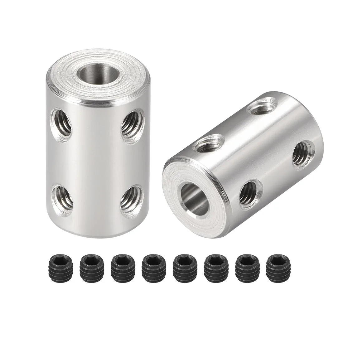 Two silver steel rigid shaft couplers 22mm long 14mm wide with eight M4 screws