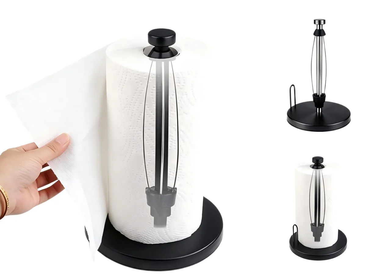 Black stainless steel countertop paper towel holder with suction base and damping ratchet mechanism