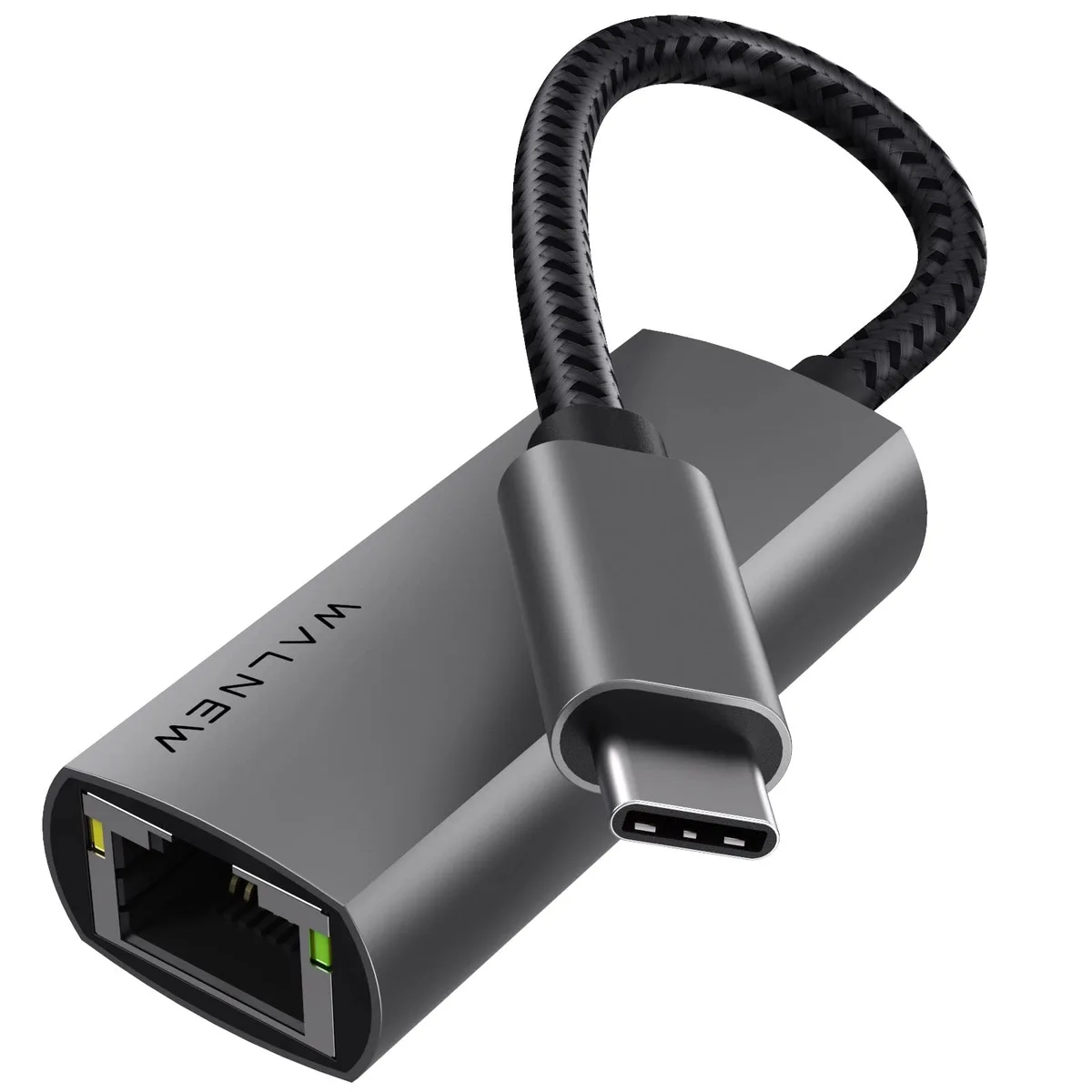 Two compact gray USB-C to RJ45 adapters with braided cables
