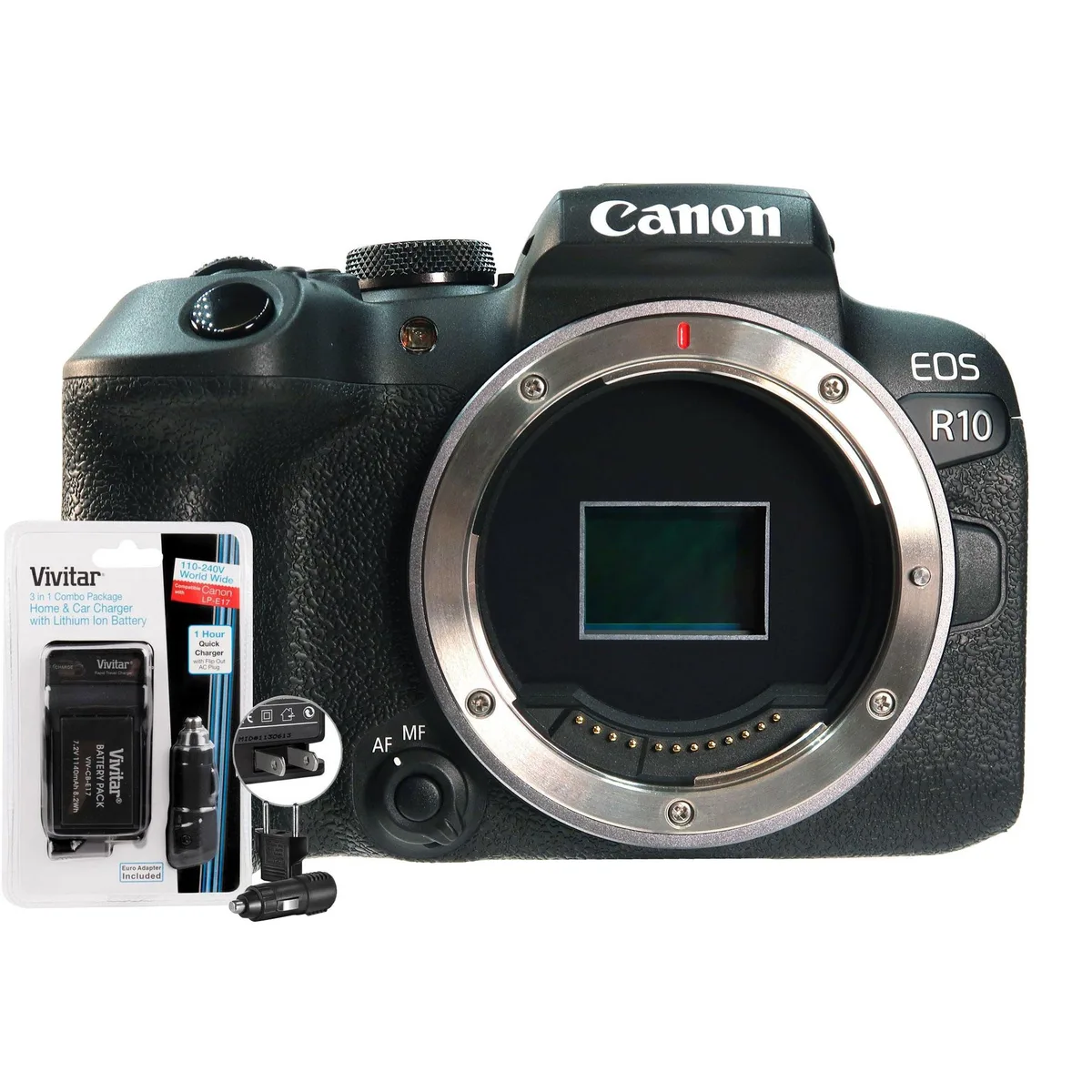 Canon Canon EOS R10 compact mirrorless camera body black with replacement battery and charger — product photo