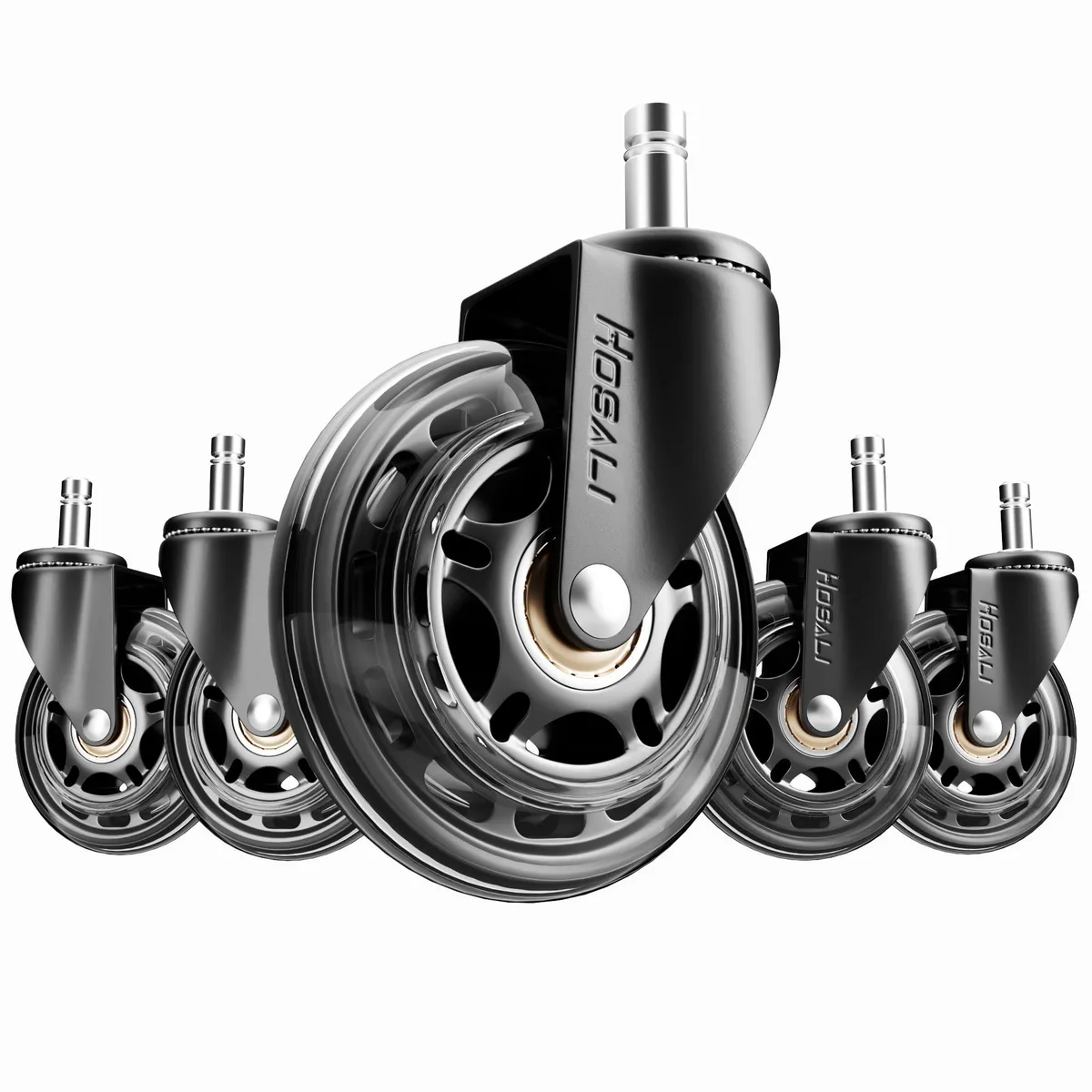 Black 3-inch stem-mount caster wheels, set of five