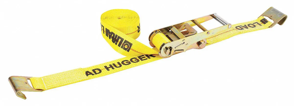 Yellow 30 ft polyester ratchet tie-down strap with flat steel hooks