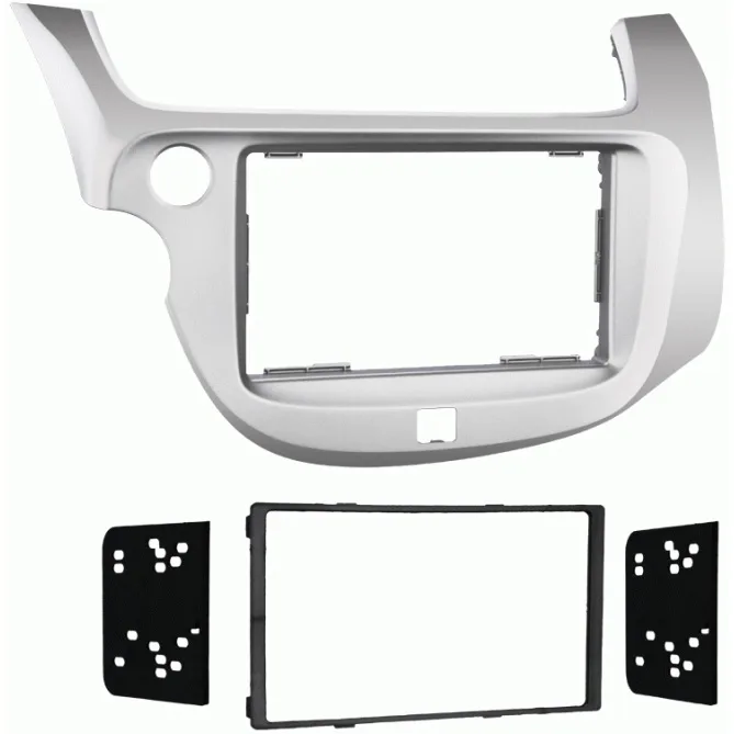 Silver double-DIN dash kit with matte black painted housing and mounting brackets