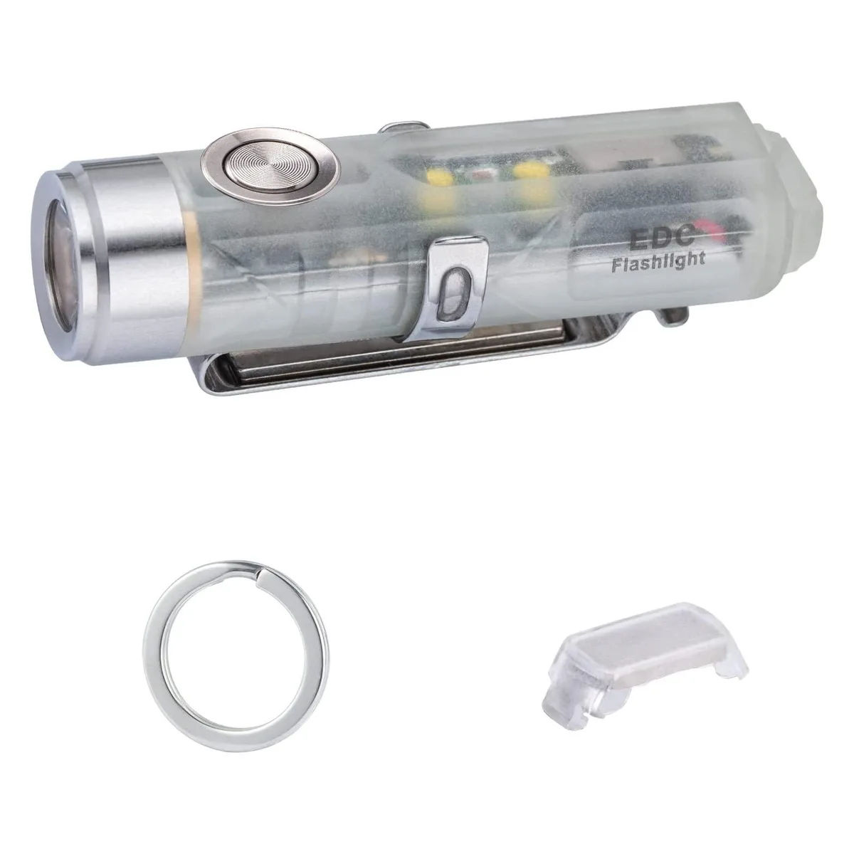 Small red keychain flashlight with magnetic clip, rectangular polycarbonate body, USB-C charging port, metal side button
