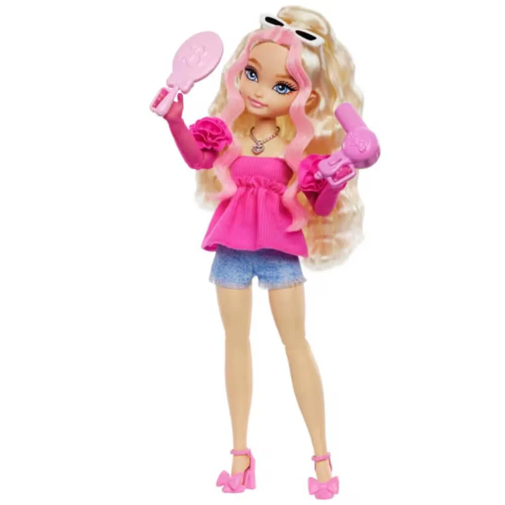Barbie Malibu doll with blonde ponytail pink highlights wearing pink top denim shorts gloves heels and beauty accessories