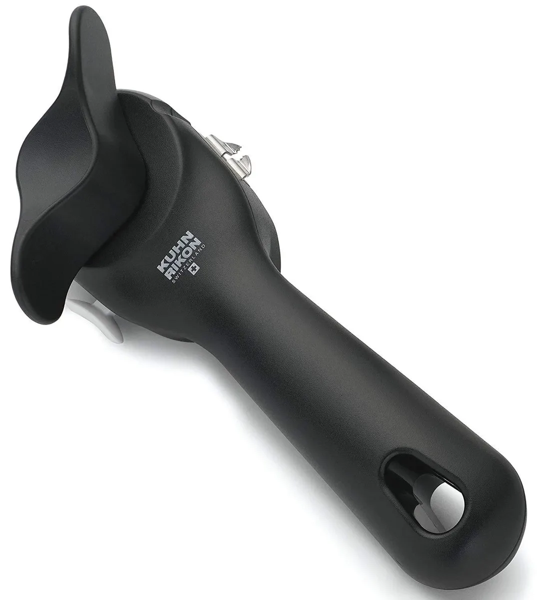 Black Kuhn Rikon automatic can opener with ergonomic knob, side-cut blade and ring-pull tool
