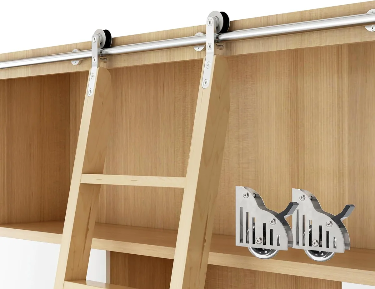 Brushed stainless steel sliding ladder hardware kit with dual six-foot tracks and connector