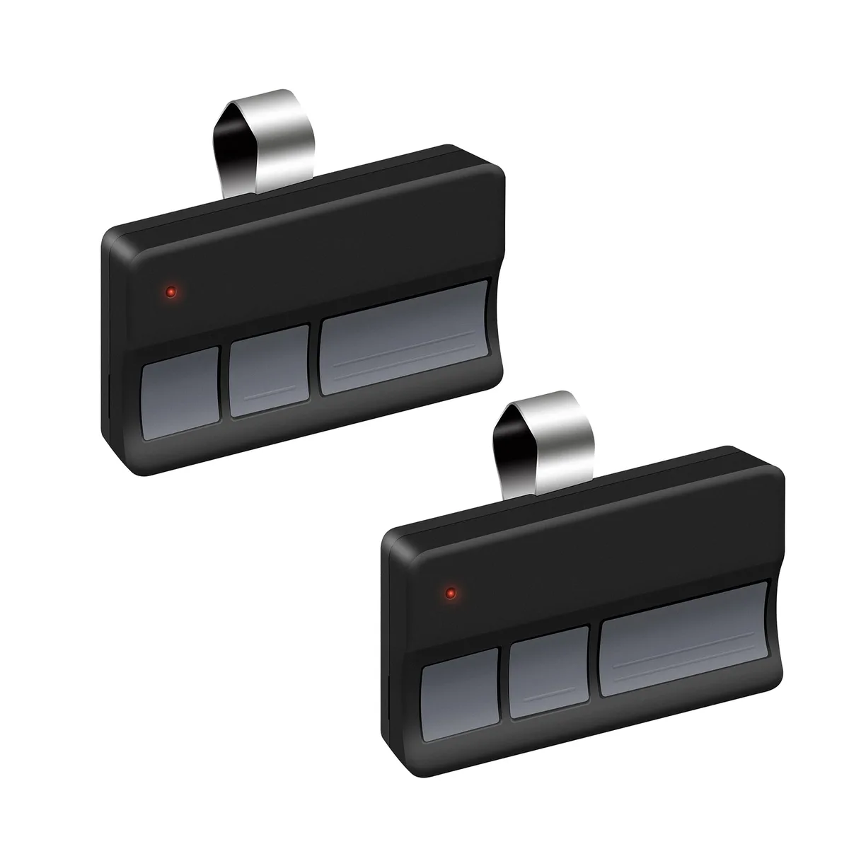 Two small rectangular garage door remotes with visor clips and pre-installed batteries