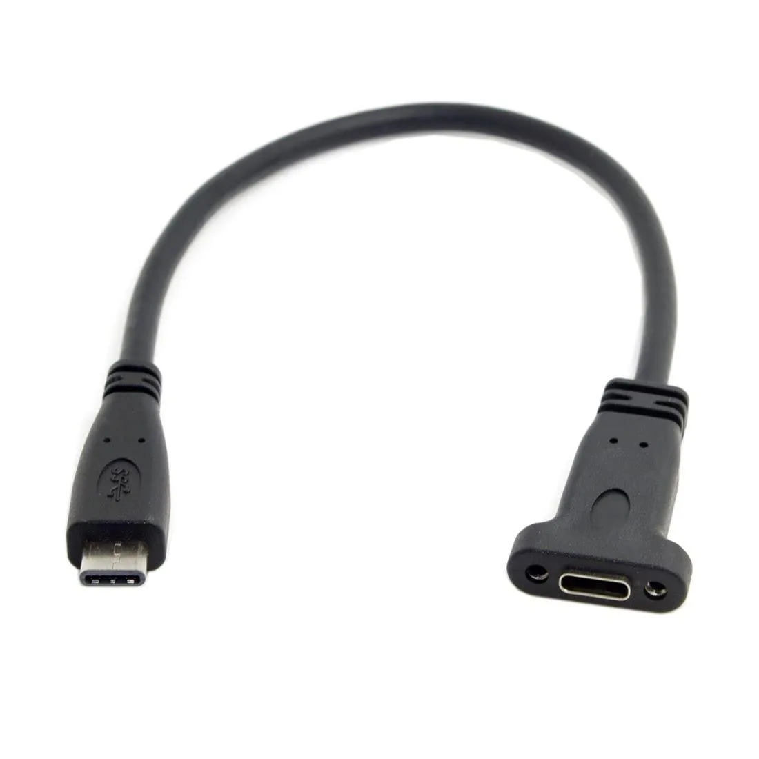Short USB-C extension cable with panel-mount screw holes, male to female connectors