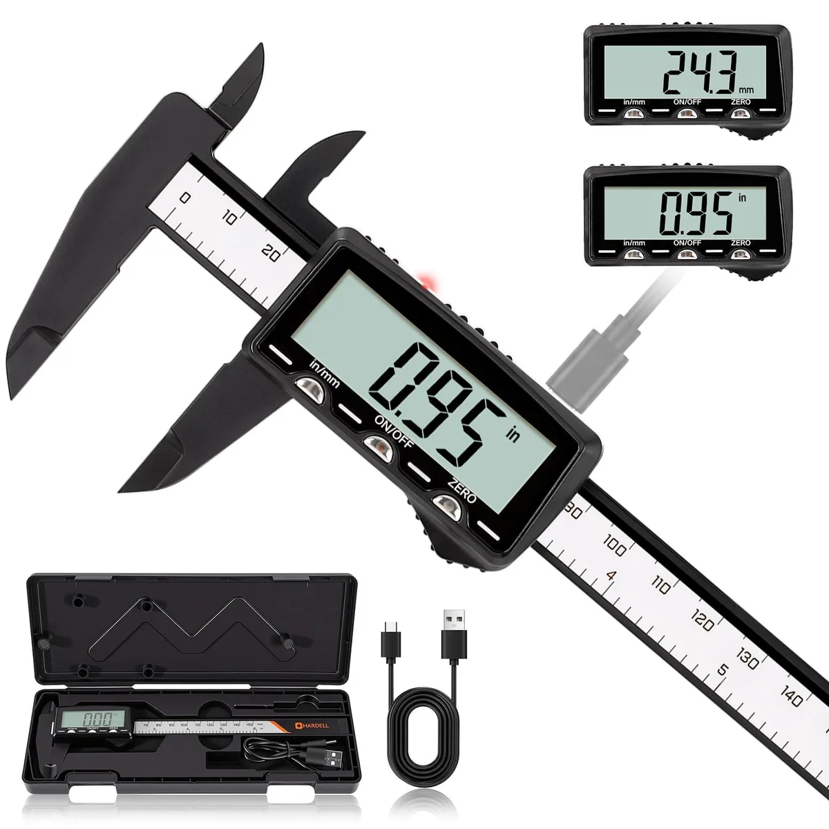 White plastic digital caliper with large LCD screen in protective case