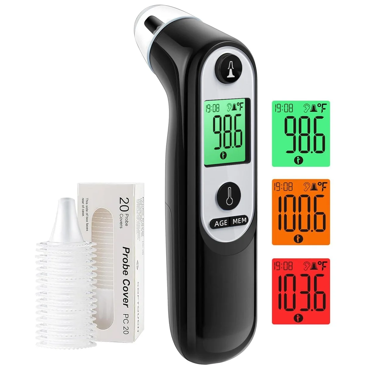 Dark black ear thermometer with colour display and probe cover