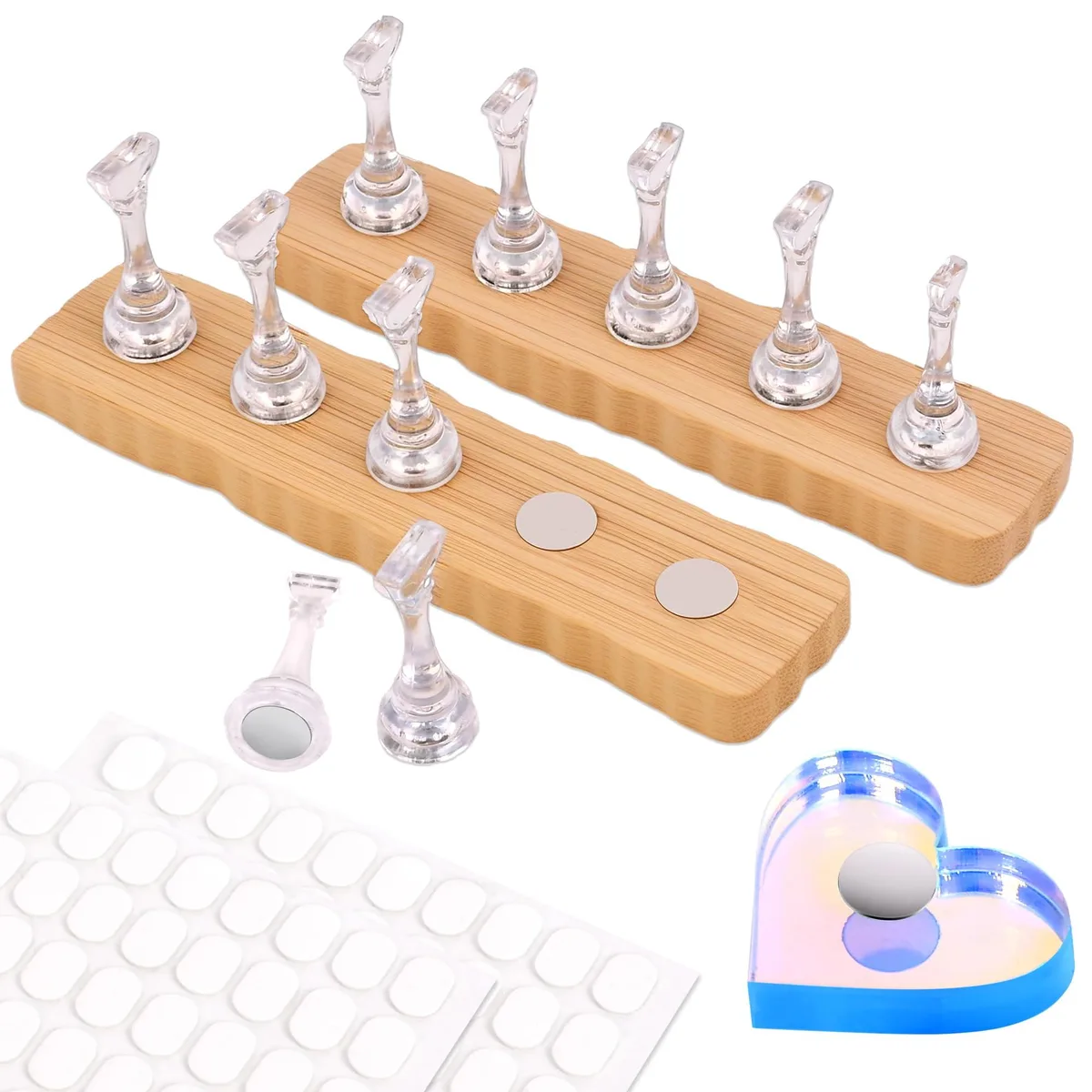 Wooden magnetic bases, clear acrylic nail stands, heart-shaped stand, silver finish