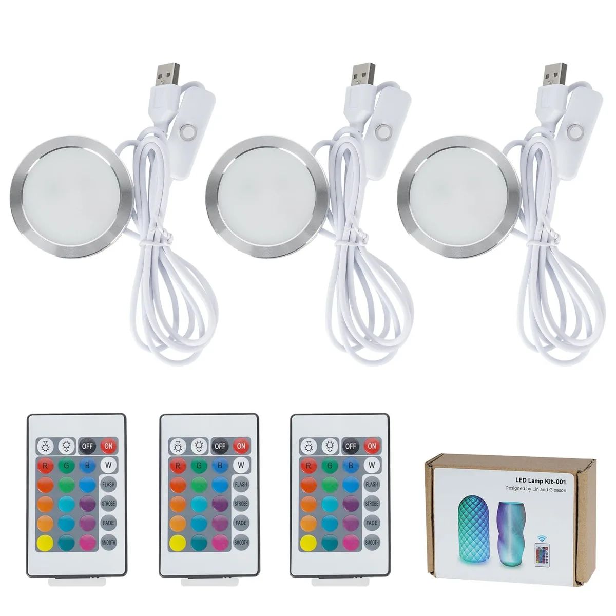 Three aluminium RGB LED lamps with 24-key remote, multicolor finish, table mount