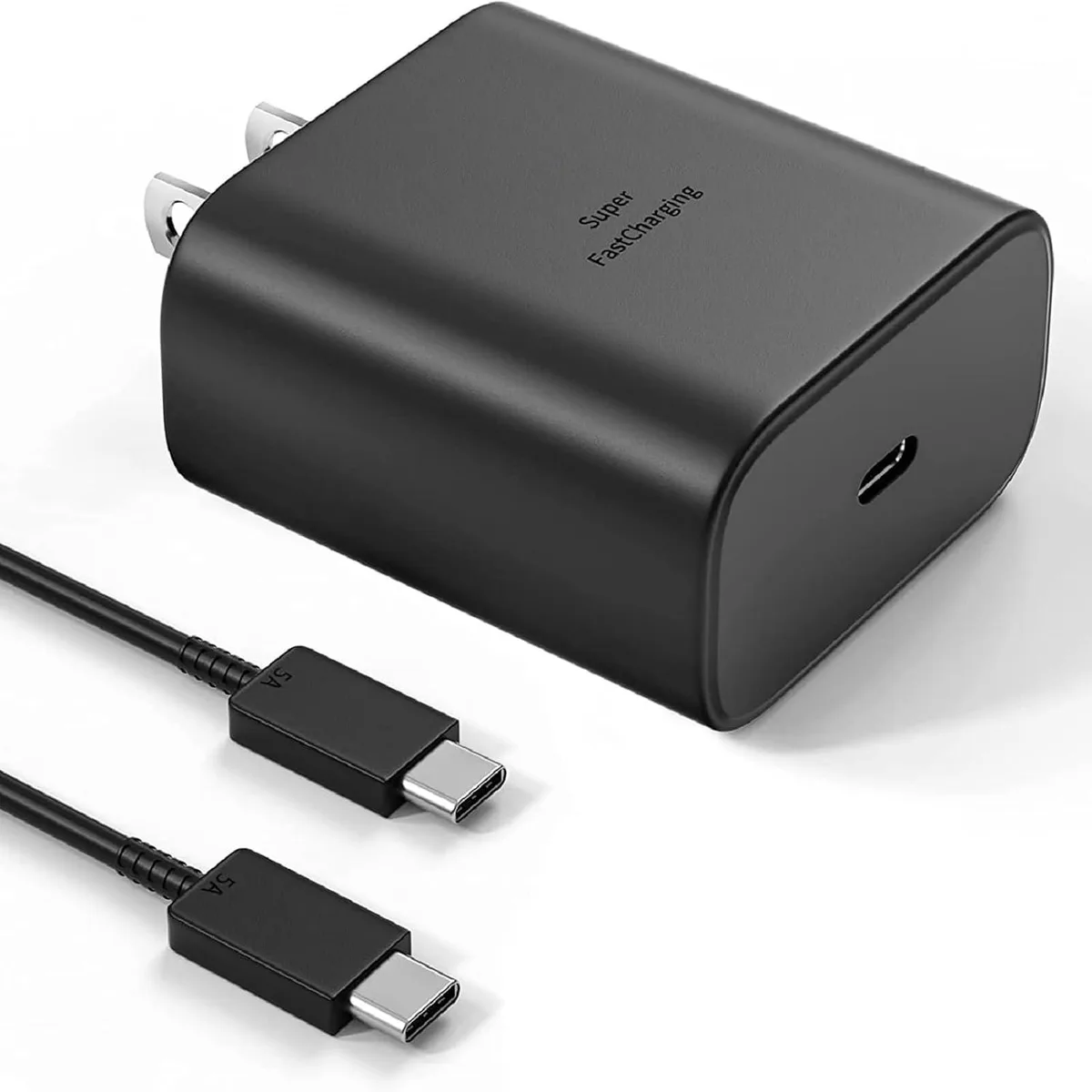 Compact white USB-C wall charger with six-foot USB-C to USB-C cable attached