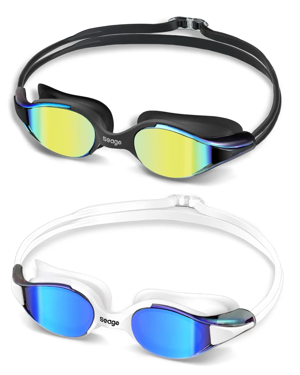 Black racing swim goggles with clear lenses and silicone strap