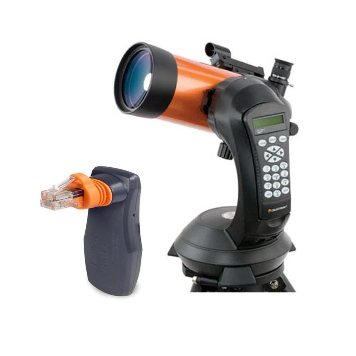 Orange optical tube on single fork arm mount with tripod, 25mm eyepiece and finderscope attached