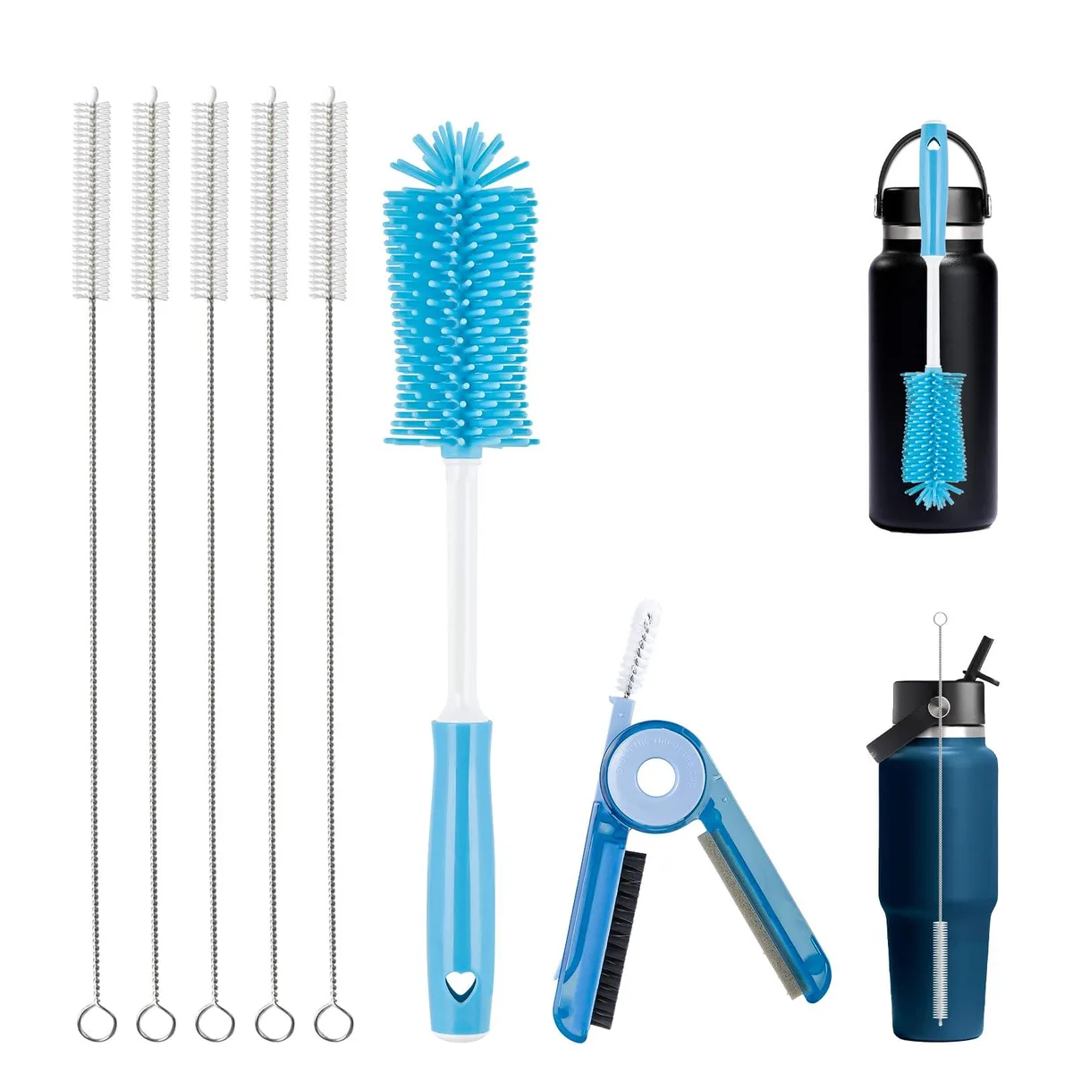 Bottle cleaning kit with silicone brush lid tool and straw brushes