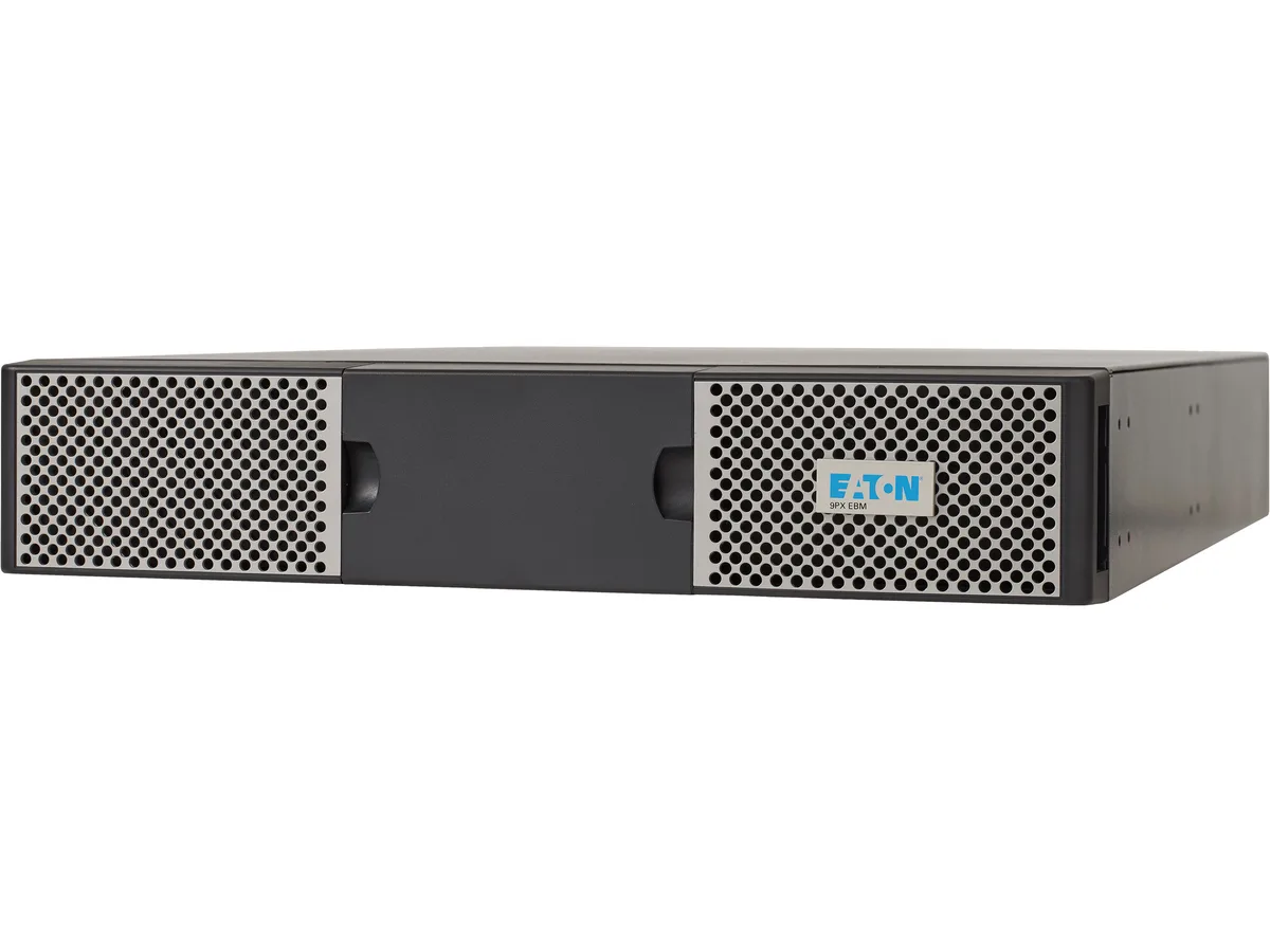 Black and silver 2U rack-mount battery module, rectangular metal chassis with front handle and ventilation slots