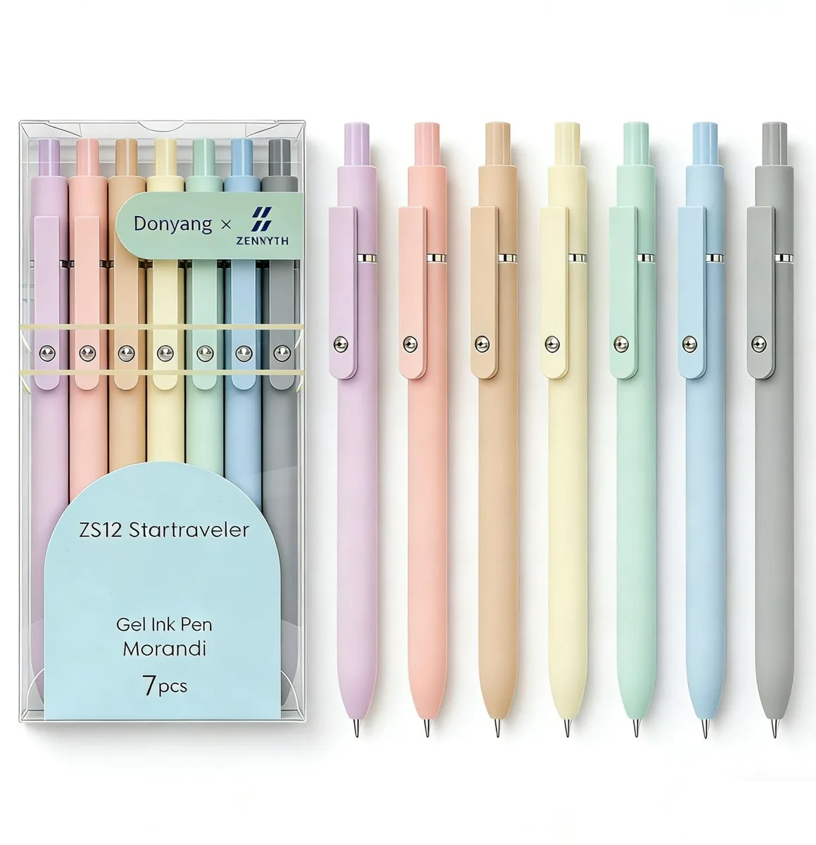Seven blue retractable gel pens with leather finish and pocket clips