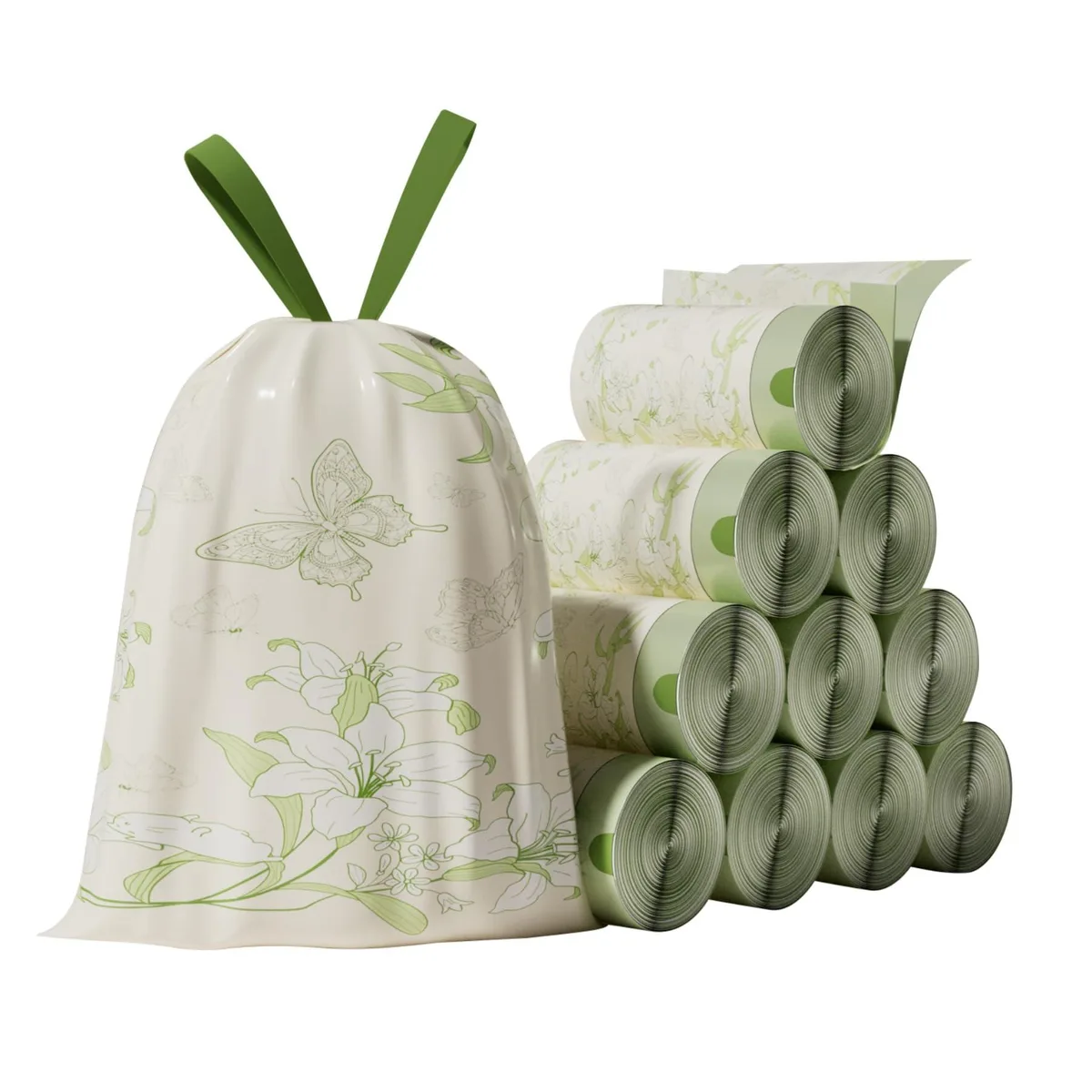 A pack of mint cream drawstring trash bags with a printed lily design