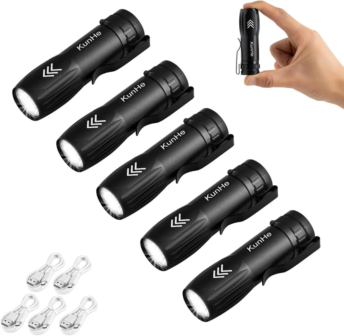 Five small aluminium flashlights with pocket clips, each 3.7 inches long and weighing 1.5 ounces
