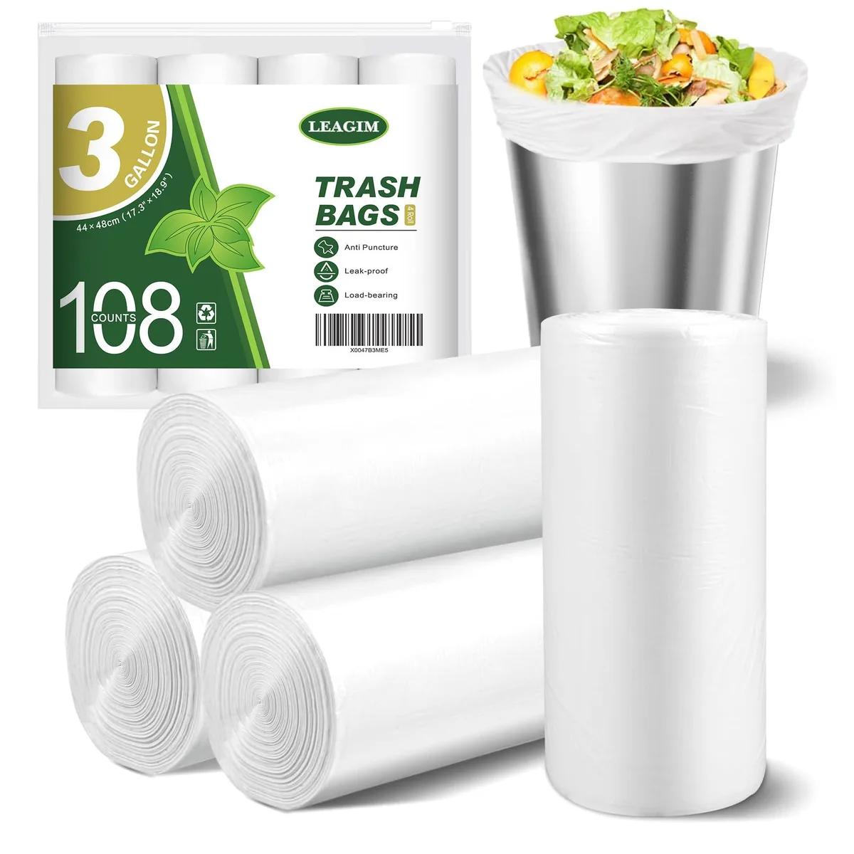 White HDPE star-seal trash bags on four rolls, 108 count total