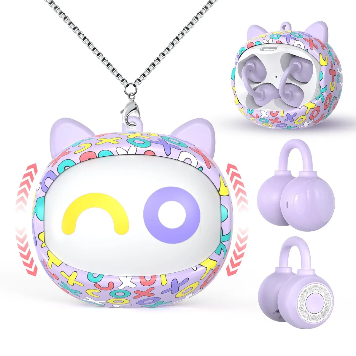 Purple open-ear clip-on earbuds with rotatable cat-ear case