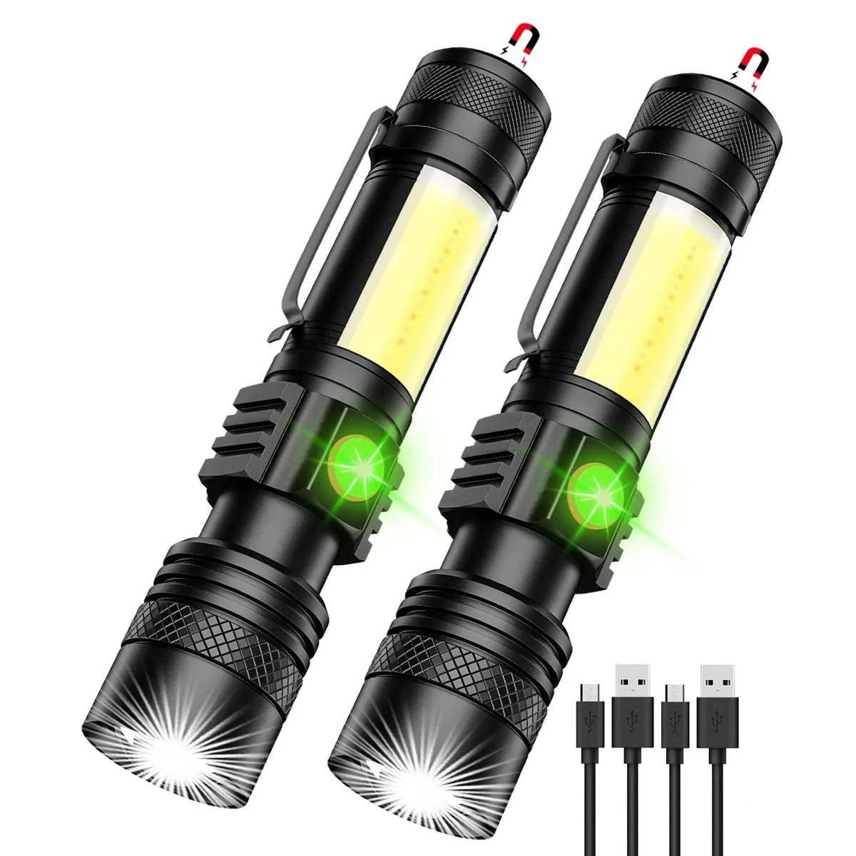 Two compact aluminium flashlights with magnetic tails, COB sidelights and USB cables