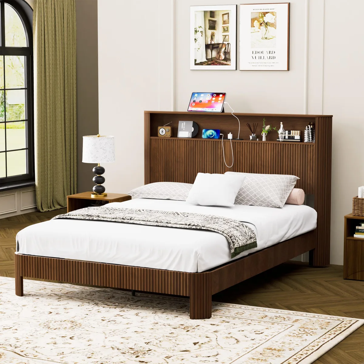 Queen bed frame with wavy walnut headboard, built-in charging station and storage shelf