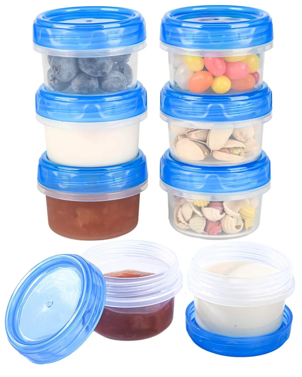 Eight small blue plastic containers with twist lids, 2.4 by 1.7 inches