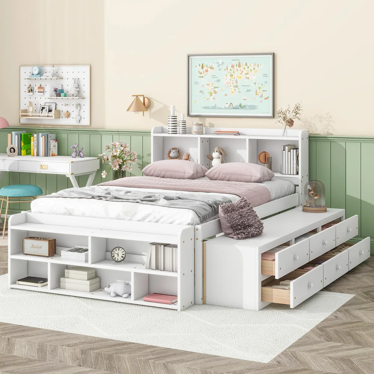 White pine full bed with bookcase headboard, six under-bed drawers and end storage case