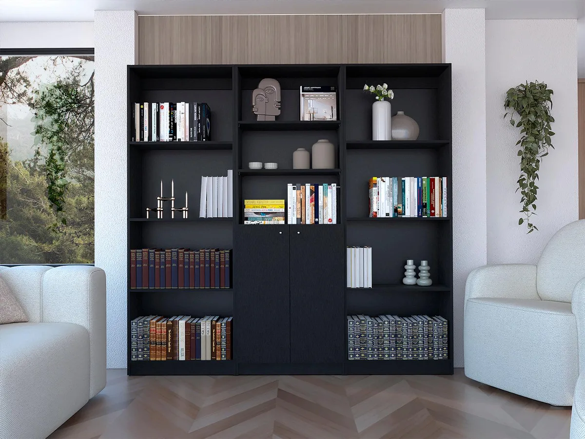 FM FURNITURE FM FURNITURE Munds 3 Piece Living Room Set with 3 Bookcases, Black — product photo