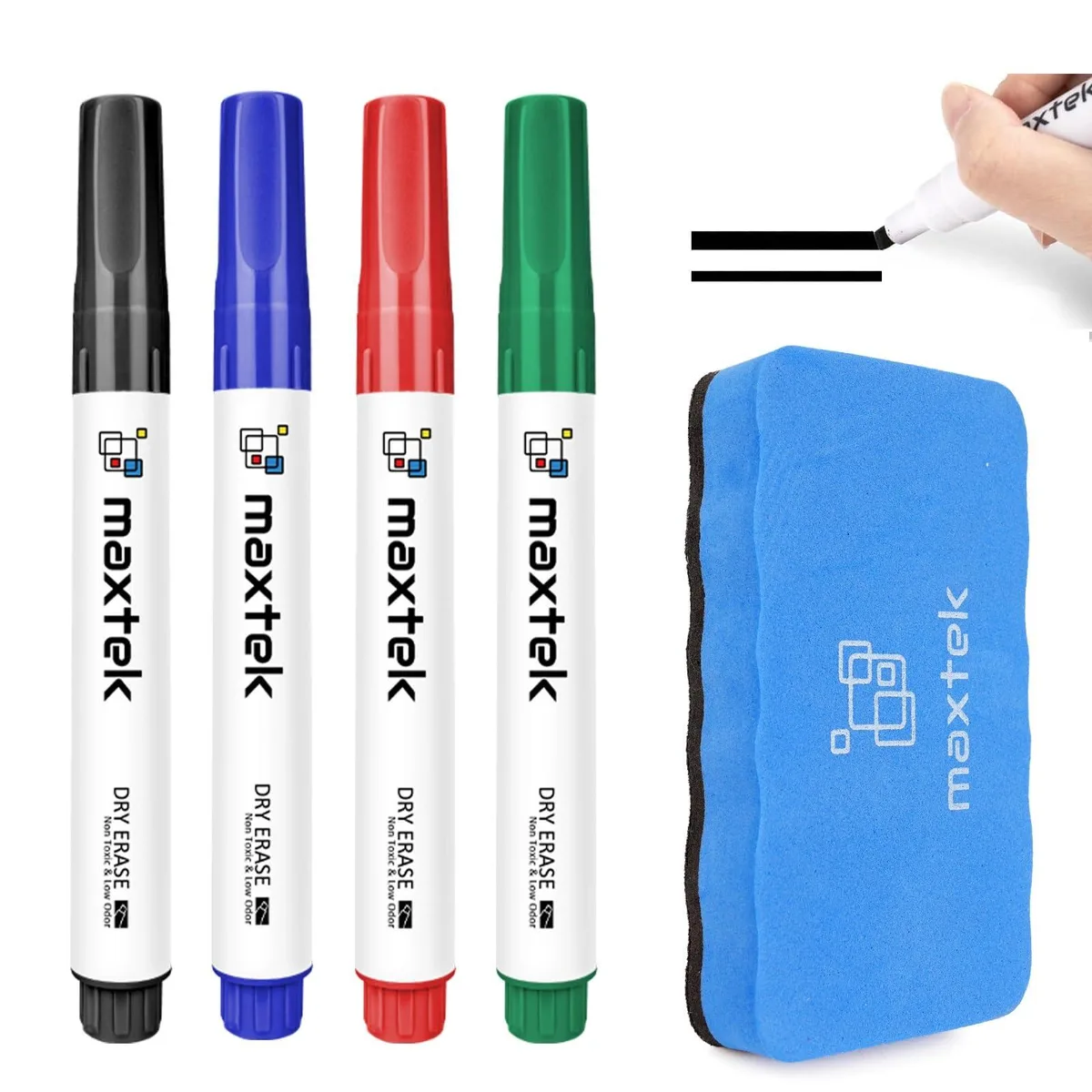Four dry-erase markers with chisel tips and a magnetic eraser, assorted colours