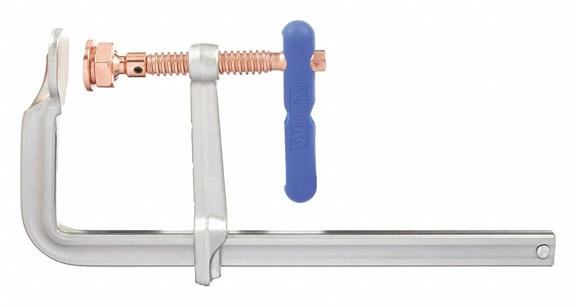 Wilton F-clamp, 12 inch opening, forged steel bar, coated T-handle, copper-plated finish