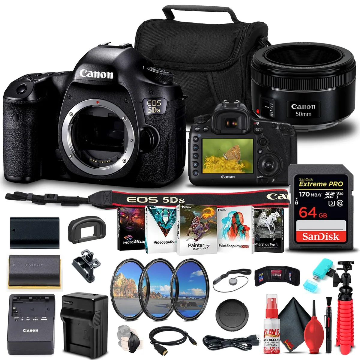 Canon Canon EOS 5DS 50.6MP camera kit with EF 50mm f/1.8 STM lens and 49mm filter set — product photo