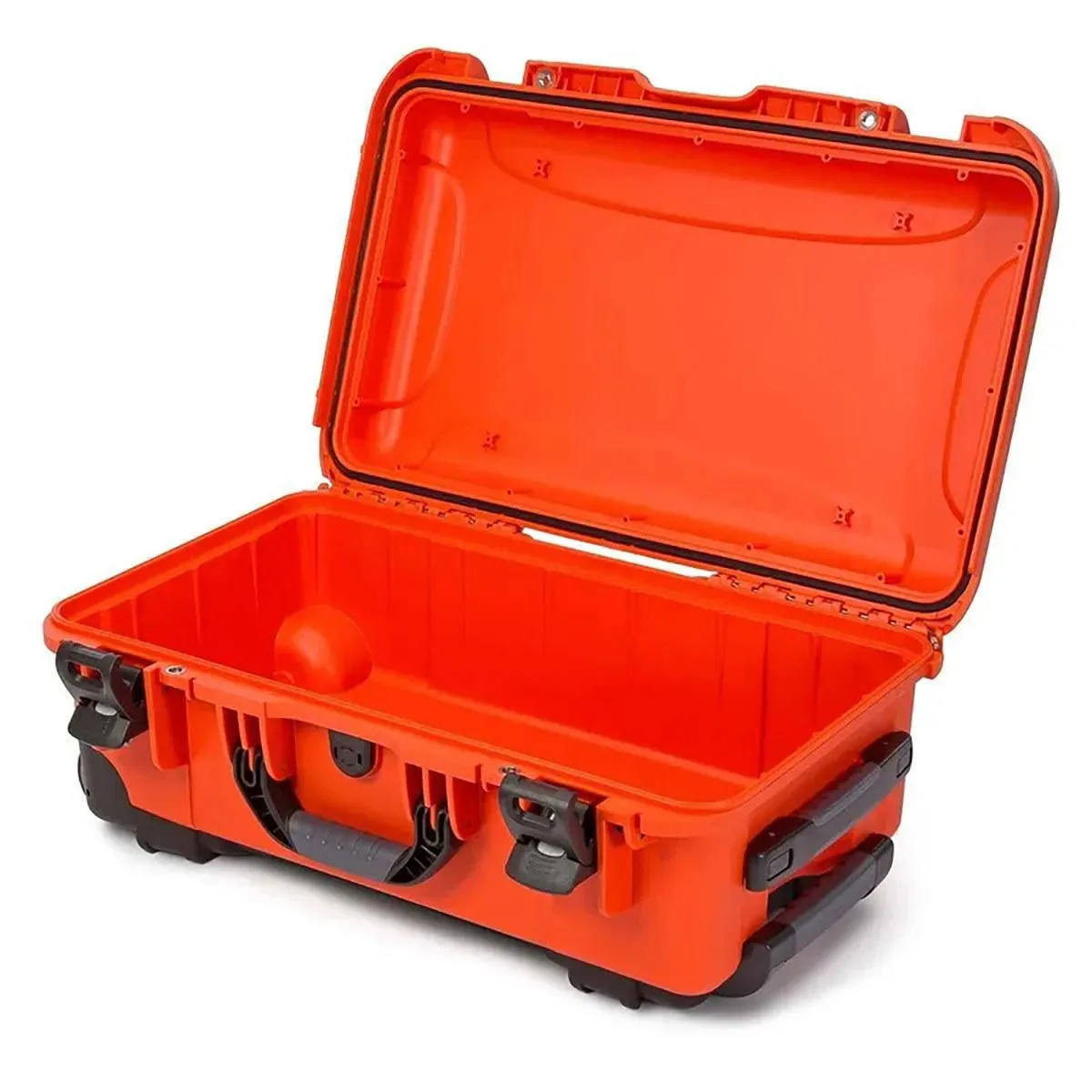 Orange wheeled waterproof case with latches and handle