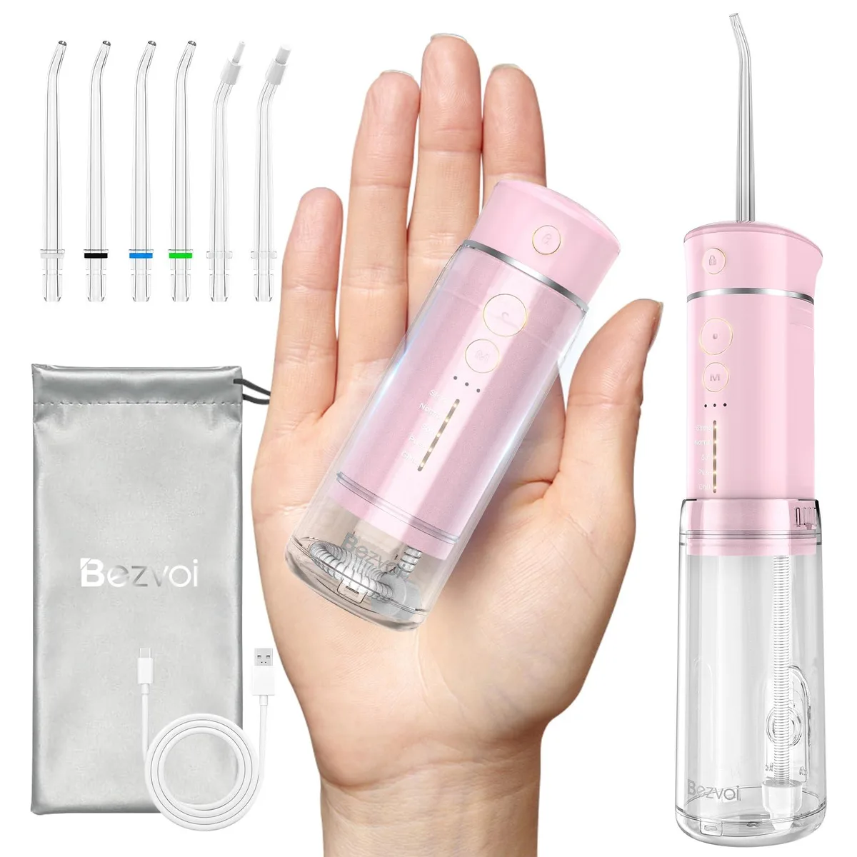 Violet cordless water flosser with telescopic 180 ml tank and six jet tips