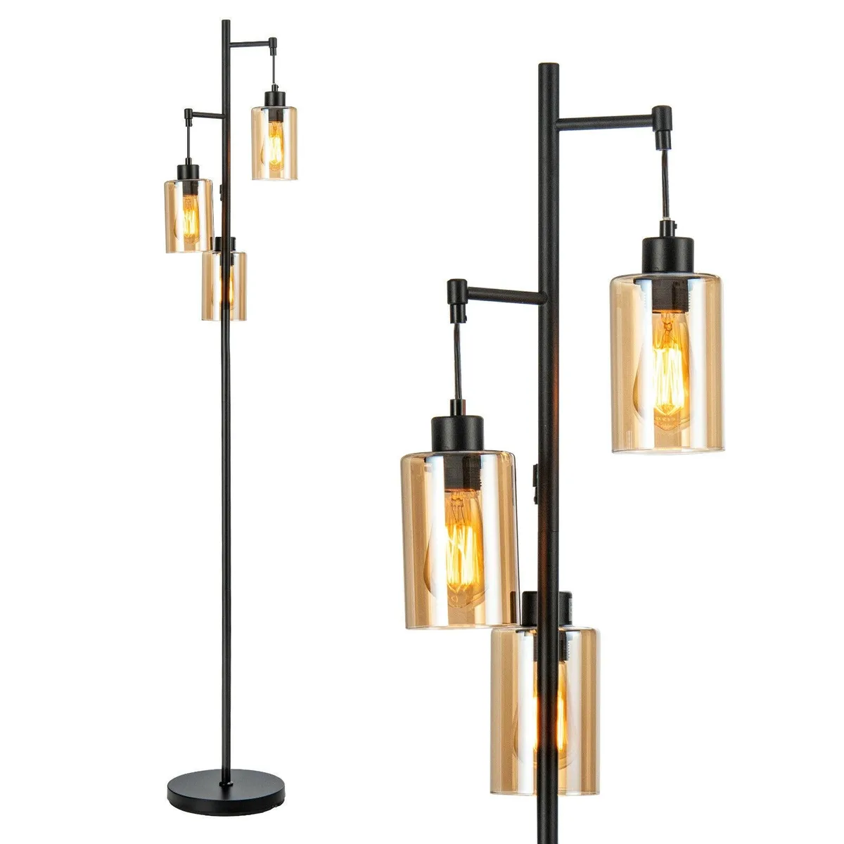 SlickBlue SlickBlue Retro Floor Lamp 3-Head Amber Glass Black — product photo