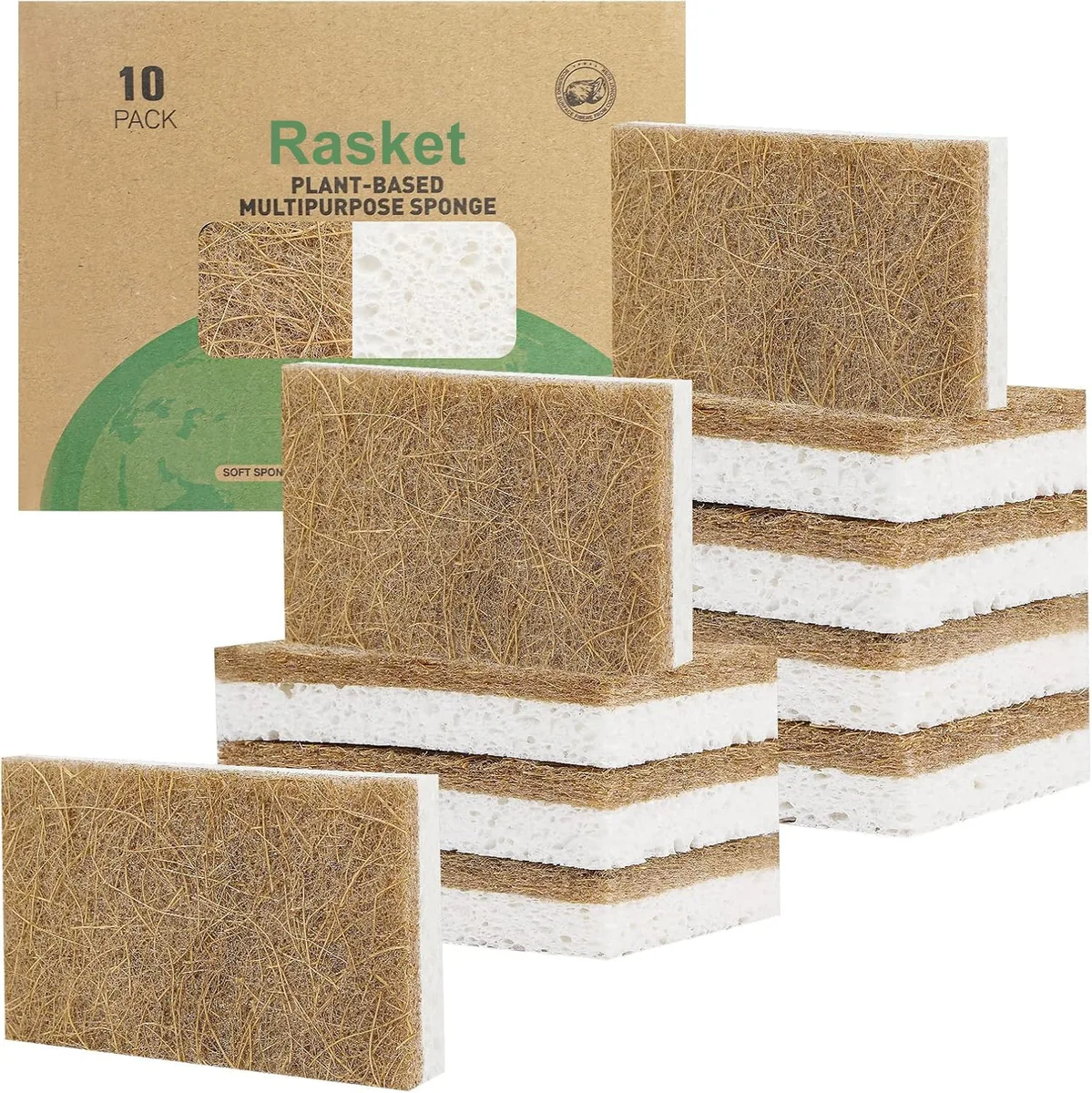 Pack of ten white rectangular cellulose sponges with coconut fibre scrubber side