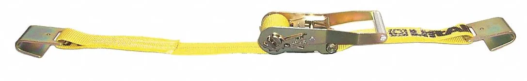 Yellow 2-inch polyester ratchet strap with flat steel hooks, 30 ft overall length