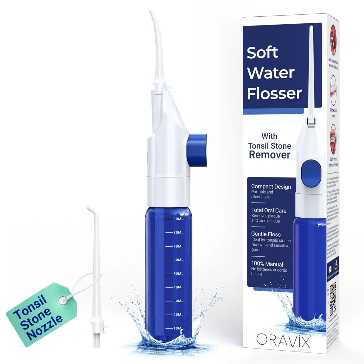 Transparent manual oral irrigator with 90 ml tank and two nozzles
