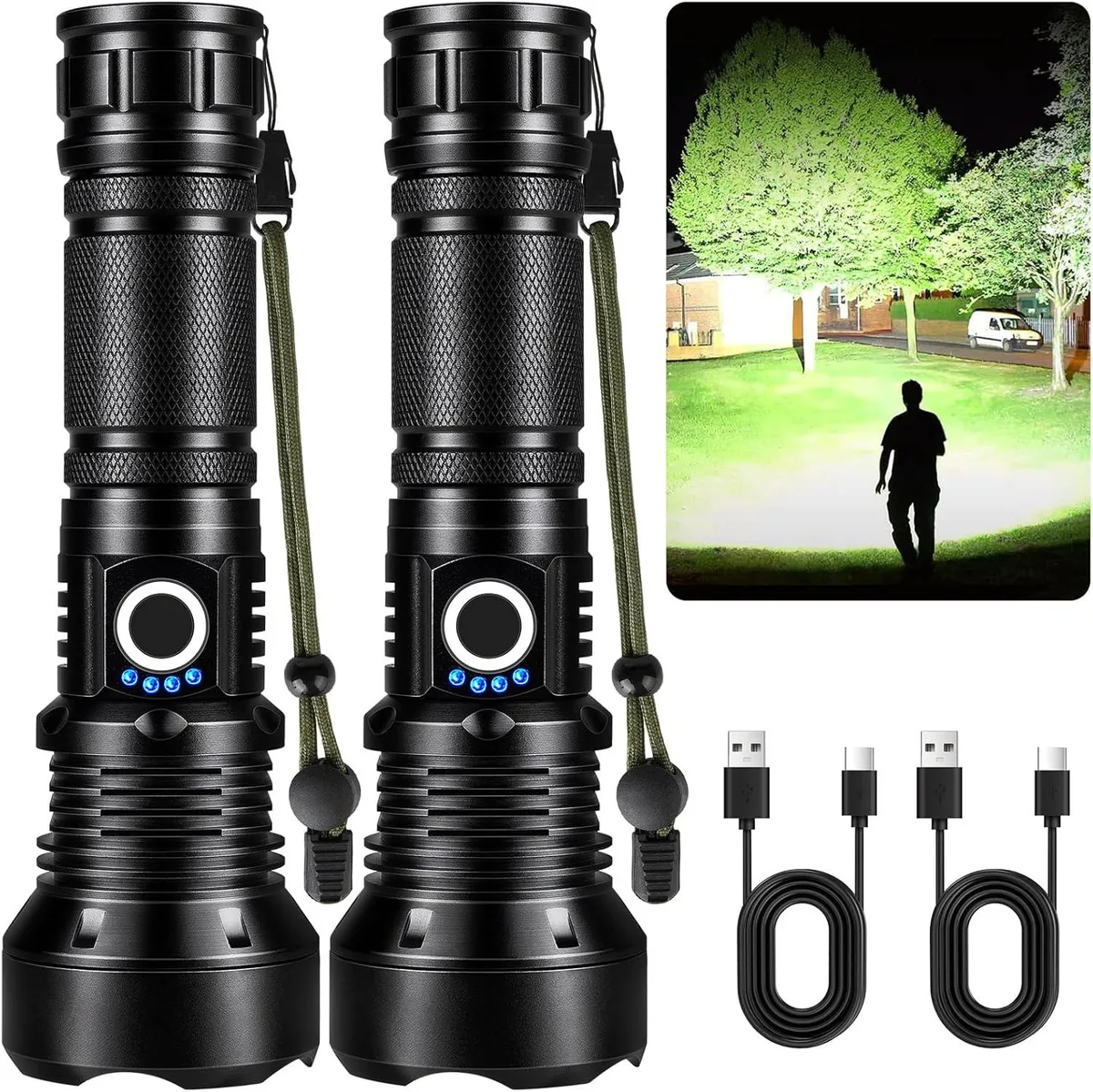 Two cylindrical metal flashlights with textured grips and adjustable heads, shown side by side