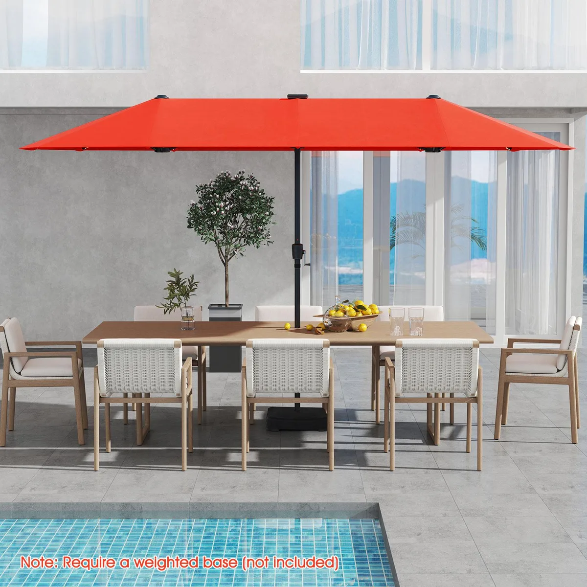 Orange 13 ft patio umbrella with crank handle solar panel and LED lights