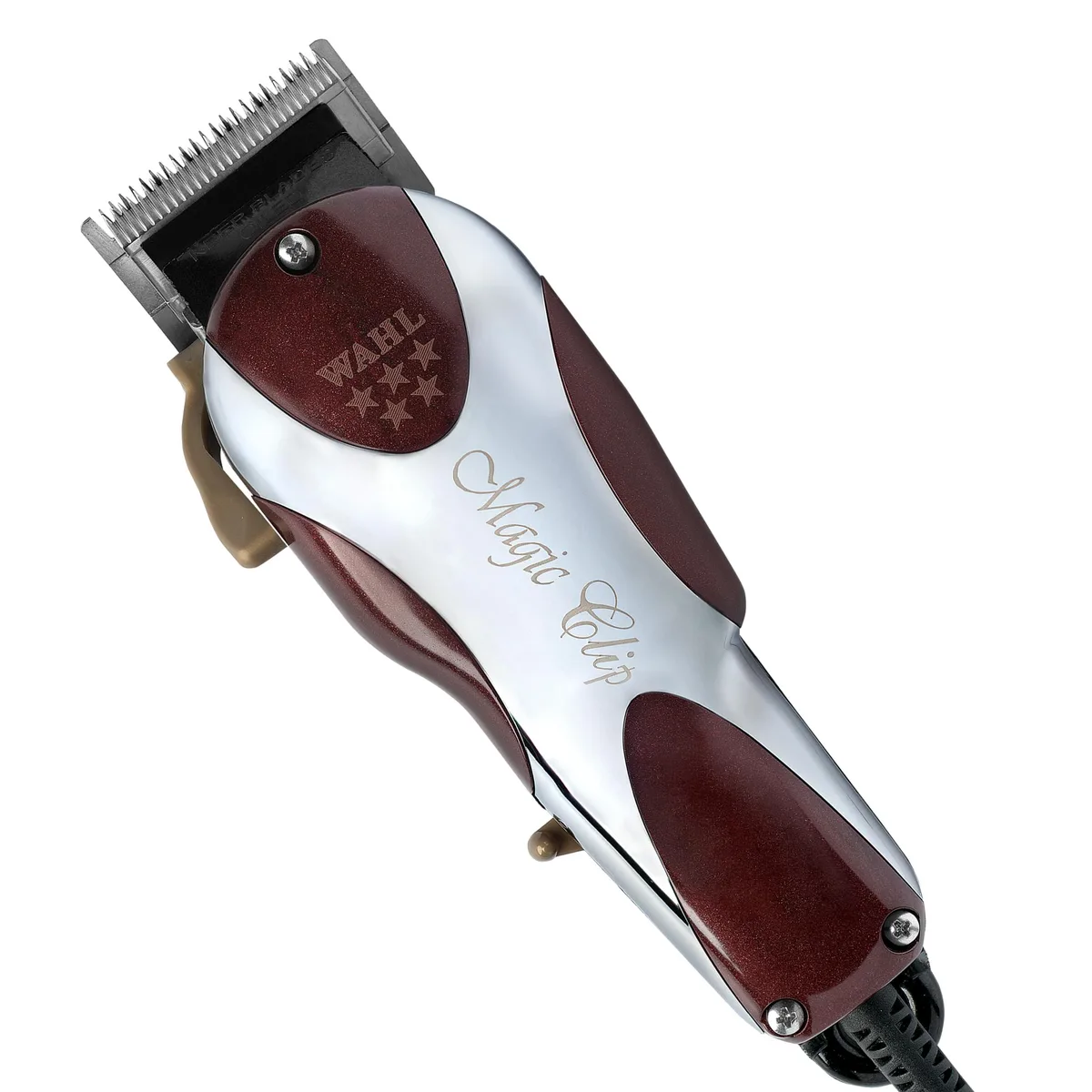 Chrome corded clipper with adjustable blades and eight comb guides