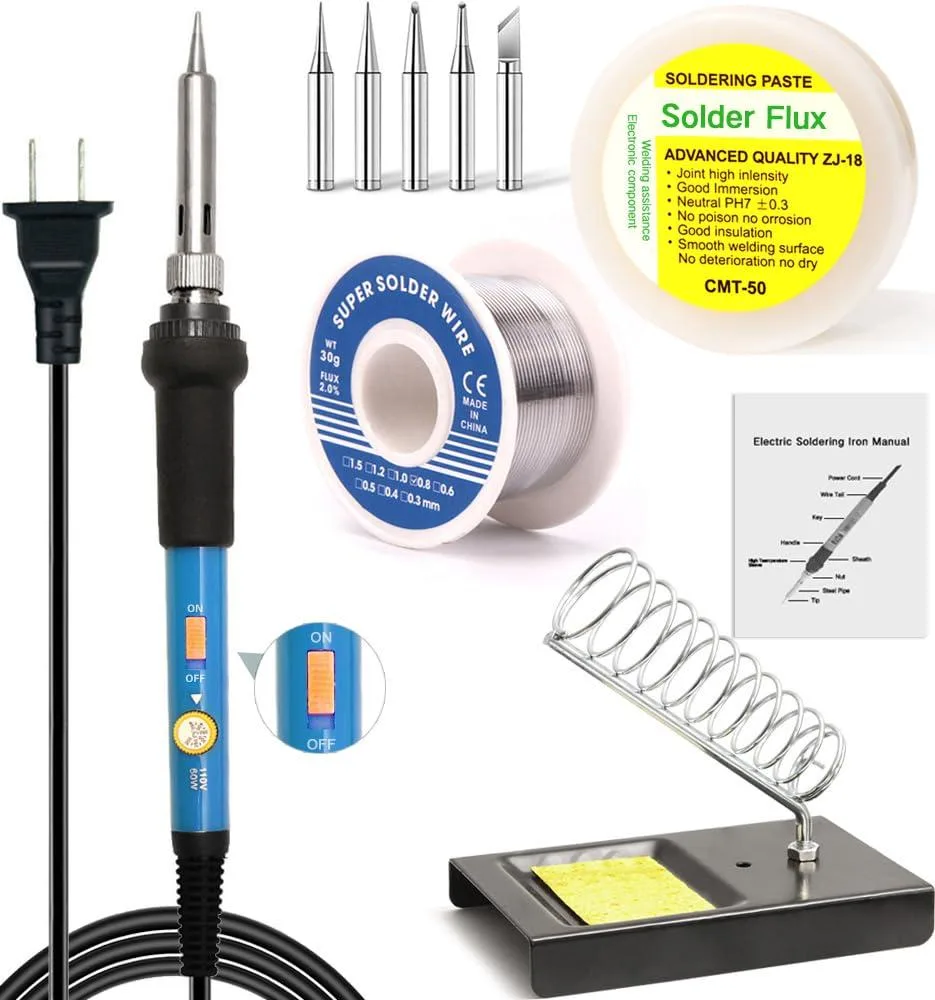 Blue pencil soldering iron with black grip, silver stand, brass sponge, five tips, solder wire spool and paste tub
